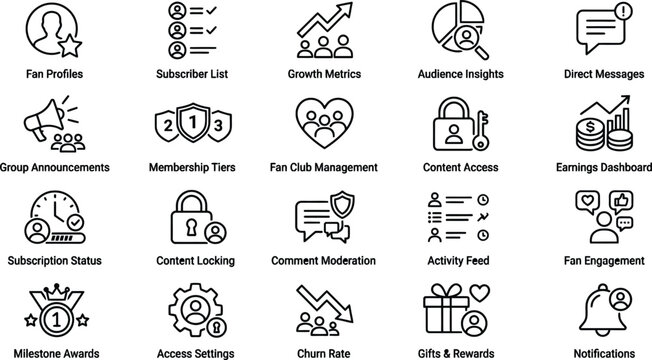 Vector line icon set of social media fan club membership platform subscriber tracker analytics tools content monetizing rewards and community management widgets