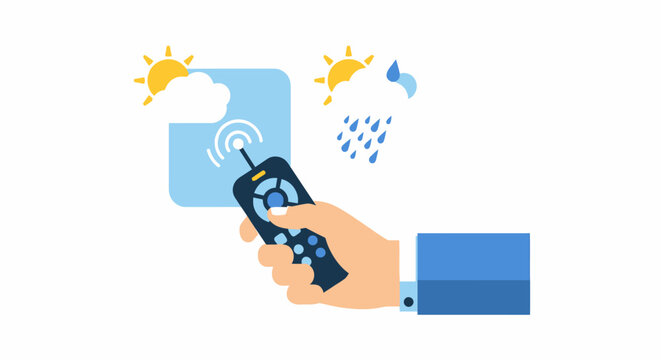 Hand Holding Remote Control for Weather Manipulation and Climate Engineering Concept Illustration