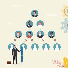 Fototapeta premium Boss businessman using pen to draw cross sign to reduce work from organizational chart. Reduction or dismissal of employee concept, contract termination, layoff of workforce,