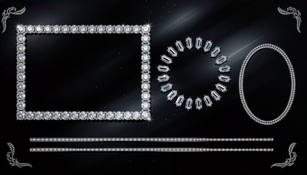 Luxury diamond luxury frame borders collection on black background 黒背景に輝く高級なダイヤモンドフレームとラインの素材セット
