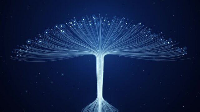 Abstract digital tree structure with glowing fiber optic lines and data flow