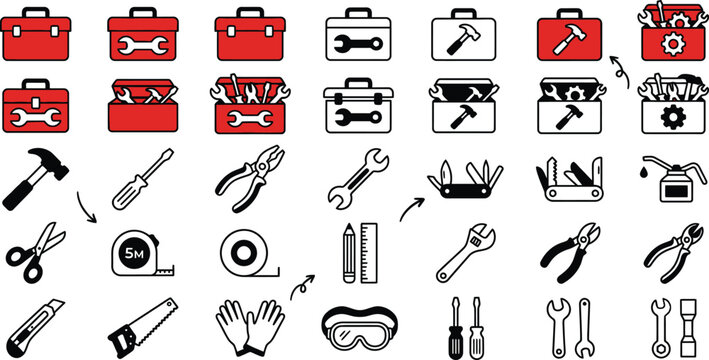 Tool Box Icon Set in Outline and Flat Style. Vector Collection Featuring Maintenance, Repair and Equipment Symbols for Graphic Design, Web and App Interfaces