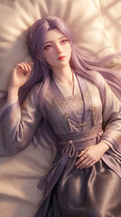 Fototapeta premium Beautiful young woman with long purple hair wearing traditional silk robes lies peacefully resting on a soft white fabric surface