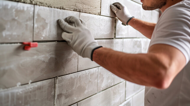 Professional master tiler in a white t-shirt carefully mounting ceramic tiles to a wall using a modern leveling system, showcasing precision craftsmanship, home renovation, construction quality