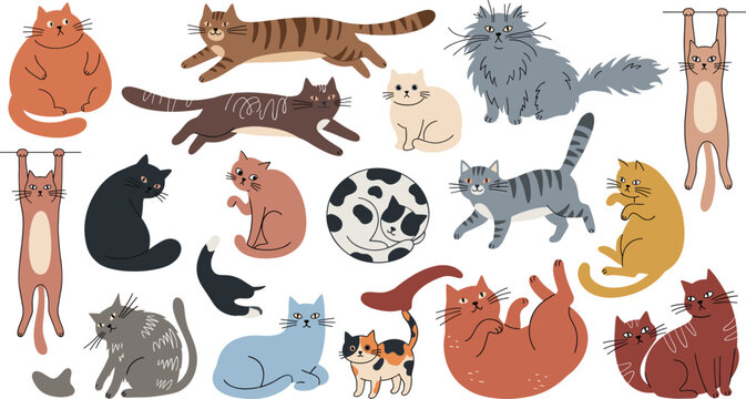 PrintAdorable doodle cats bundle vector illustration set with various breeds and poses funny cartoon kitten characters isolated for pattern fabric design textile