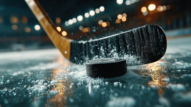 Hockey puck and puck on ice with lights in the background sport background