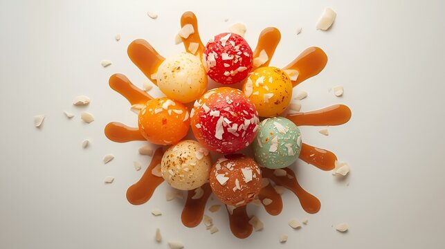 Top view of Indonesian cenil dessert, colorful tapioca sweets with coconut