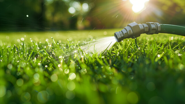 Outdoor lifestyle scene featuring a coiled garden hose with spray nozzle on a perfectly maintained lawn, vivid green grass, summer gardening tools, irrigation and yard care concept, with copy space