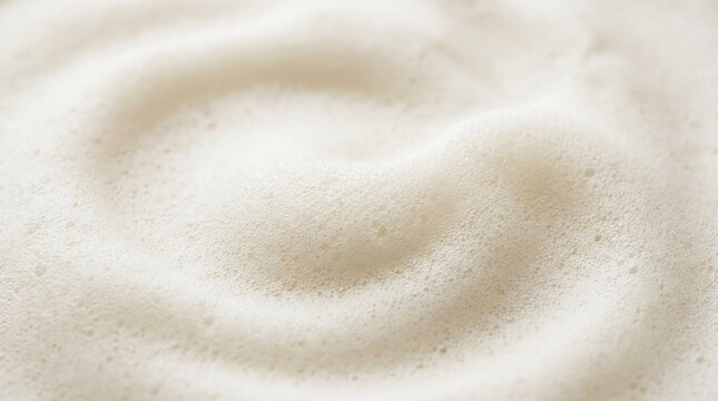 A close-up of a white, foamy substance with a circular pattern, possibly a type of milk or cream, with a blurred background that suggests a natural setting.