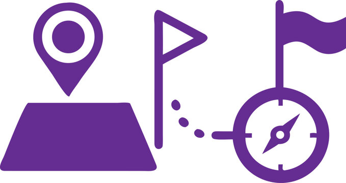 Purple location pin on a map next to a flag and a compass with a dotted path on a white background, flat navigation set