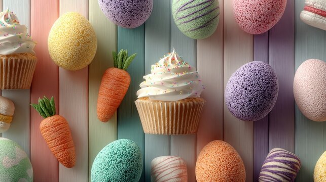Many different colored cupcakes and easter egg easter treats