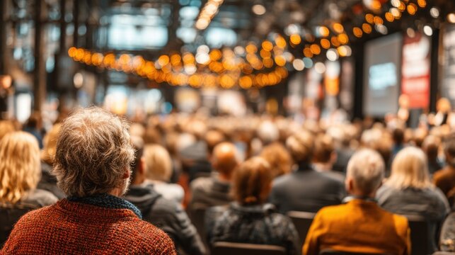 Audience seated in rows watching business presentation