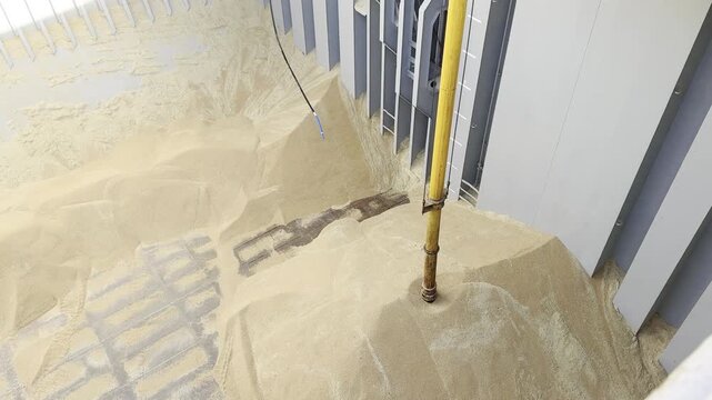 vacuum pipe unloader working for discharge wheat in bulk for the ship cargo hold. green, clear technology.