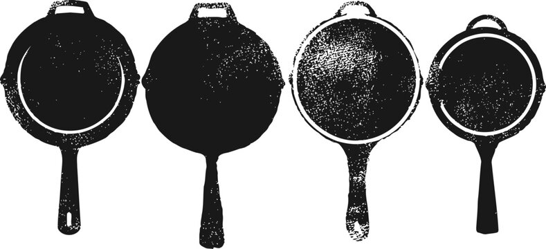 Vintage cast iron skillets and frying pans silhouettes set, kitchen cookware collection