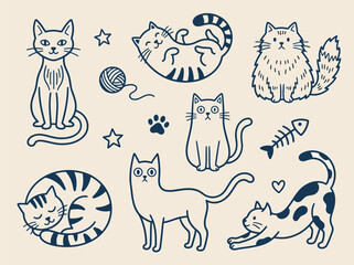 Fototapeta premium Adorable Hand-Drawn Cat Vector Illustrations Set Featuring Playful Felines, Sleeping Kittens, and Cute Pet Accessories in Minimalist Line Art Style for Creative Graphic Design and Branding