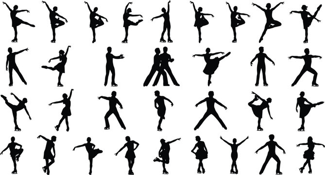 Set of black figure skater silhouettes, ice dancing athlete icons, winter sports vector illustrations for competition posters, skating rink branding, and athletic achievement.