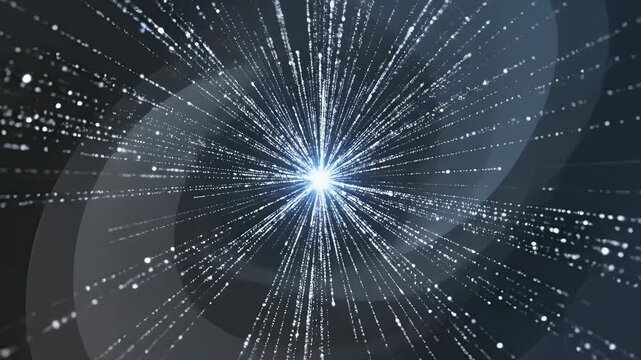 Abstract glowing particle explosion and light burst in dark space background for technology concept