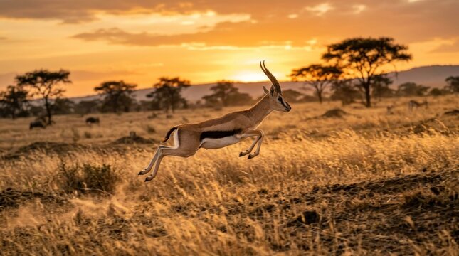 A Thomson's gazelle leaping in a grassy savannah at sunset, with a golden sky and silhouetted trees in the background.