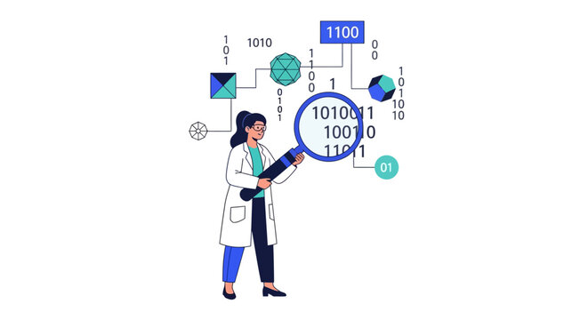 Female Data Scientist Analyzing Binary Code with Magnifying Glass - Vector Illustration for Big Data Research, Information Technology, and Digital Analytics