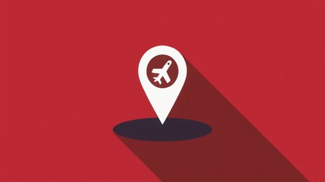 Airplane location pin icon animation for travel navigation showing dynamic flight destination marker on red background digital motion footage