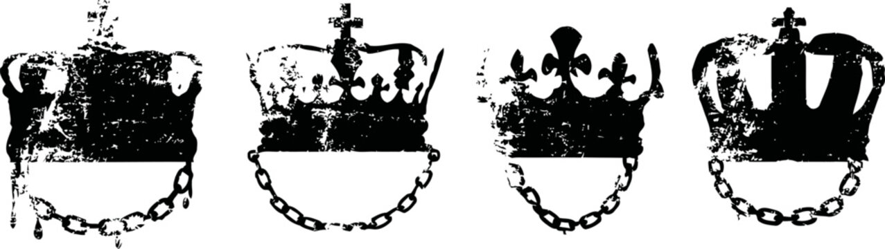 black vintage crown silhouettes with chained bases set isolated on white