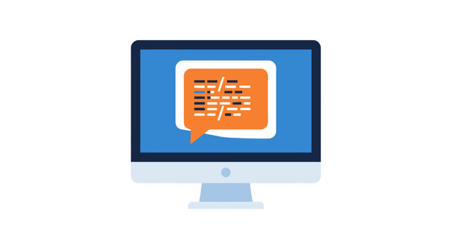 Programming and Software Development Support Concept Illustration with Code Chat Bubble on Computer Monitor Screen