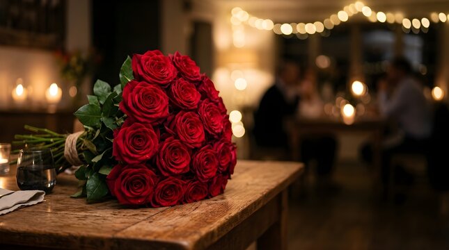 A large bouquet of fresh red roses on a wooden table for a romantic dinner