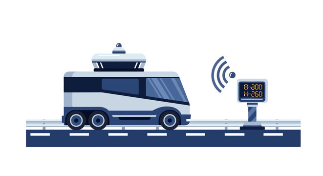 Autonomous Smart Bus on Future Highway with Wireless Communication V2X Technology Vector Illustration