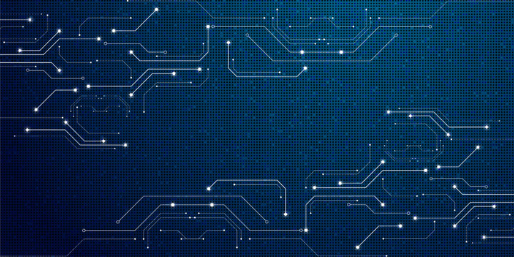 Abstract technology background with circuit lines and glowing dots.