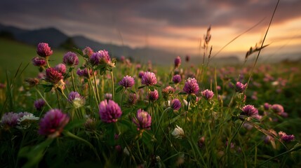 Obraz premium Red clover fields at sunset with blooming flowers and mountains in the background