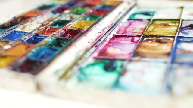 Closeup of artist hand dipping paintbrush into watercolor paint cuvette on palette