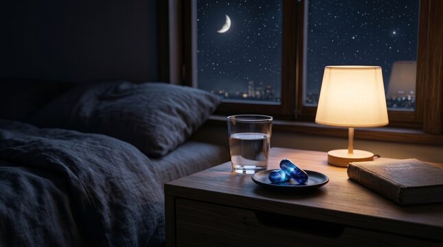 Bedside table setup with a lamp, water glass, and pills under a nighttime sky. Concept of relaxation, serenity, sleep routine, and nighttime scene for lifestyle and wellness topics. Generative AI