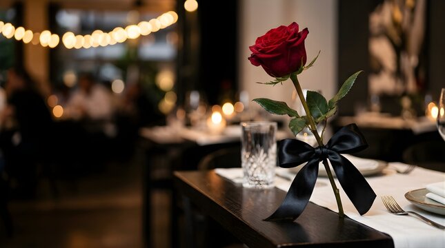 A single red rose with a black ribbon on a restaurant table for a romantic dinner date