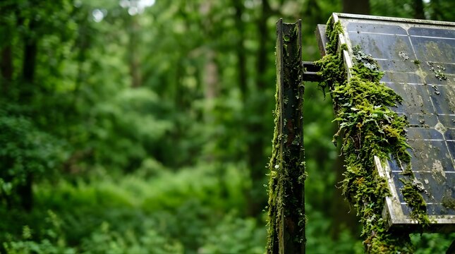 Abandoned solar panel overgrown with moss in a lush green forest