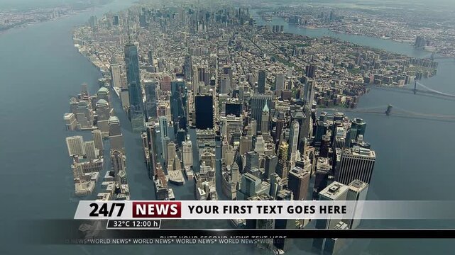 24/7 news broadcast template over a flooded New York city with a news ticker lower third overlay for breaking news.