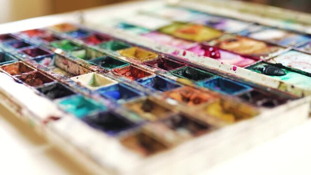 Closeup of artist watercolor paint palette with colorful pans and cuvettes