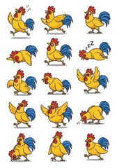 Obraz premium Cartoon Rooster Character Set with Various Poses and Emotions, Funny Chicken Vector Illustrations for Design Projects