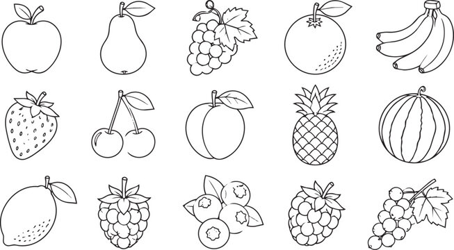 Set of hand drawn black and white fruit icons