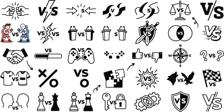 Collection of VS Symbols and Versus Icons. Graphic Resource for Choice, Competition, Challenge, Opposition, Debate, Contest, Game and Match Design Elements