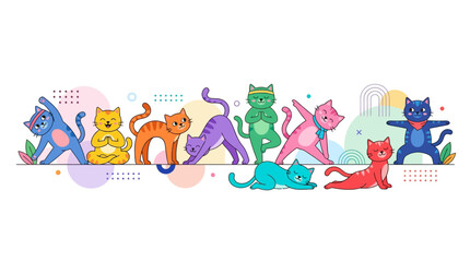 Fototapeta premium Cute Cartoon Cats Doing Yoga Poses Vector Illustration 