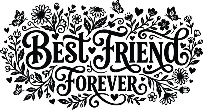 Ornate floral typography best friend forever text design with decorative vines and hearts