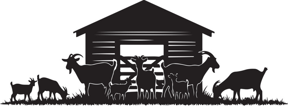 Black silhouette goats and barn with fence animals farm