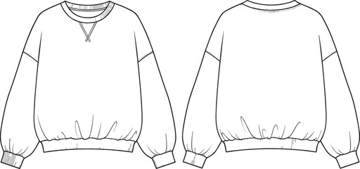 Oversized Crewneck Sweatshirt Technical CAD Drawing Flat Vector Illustration featuring Drop Shoulder Ribbed Trim and Front Back View for Fashion Design © MdAbdur