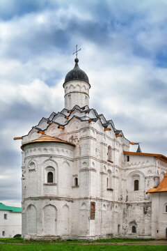 Monastery refectory chamber in Svirskoye, Russia side view. Historic stone architecture, medieval brick building