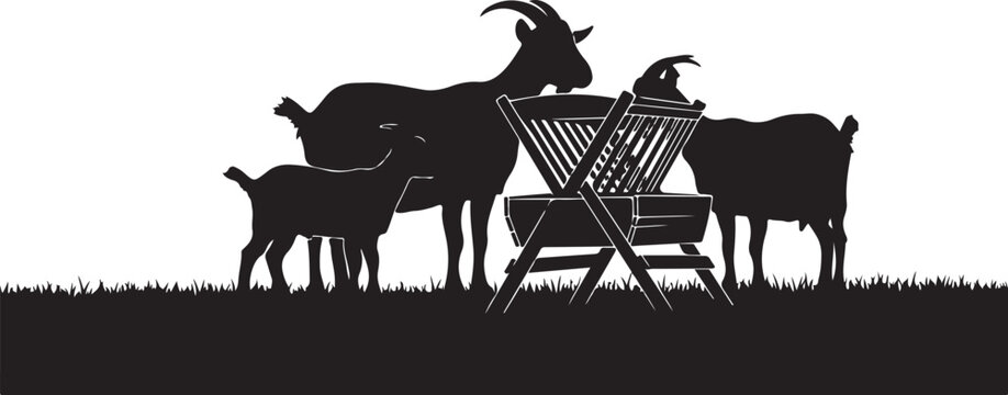 Black silhouette goats on grass around wooden folding chair