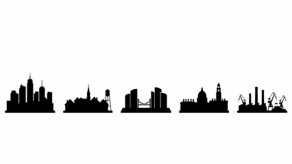 Naklejka premium Cityscape Silhouettes On White Background Featuring Diverse Architectural Styles And Urban Landmarks city skyline landscape silhouette architecture buildings