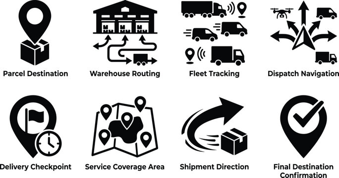 Logistics and supply chain delivery icon set featuring fleet tracking warehouse routing and parcel destination silhouettes