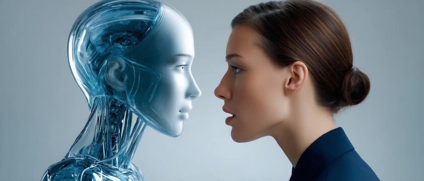 Humanity Meets AI: A human woman gazes intently into the metallic eyes of a futuristic android, symbolizing the burgeoning relationship between humans and artificial intelligence.