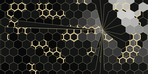 Modern geometric luxury black background for business or presentation or greeting card with golden honeycombs or hexagons. © Holik