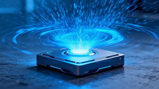 Square sci fi device emitting blue ring light waves and particles in dark scene